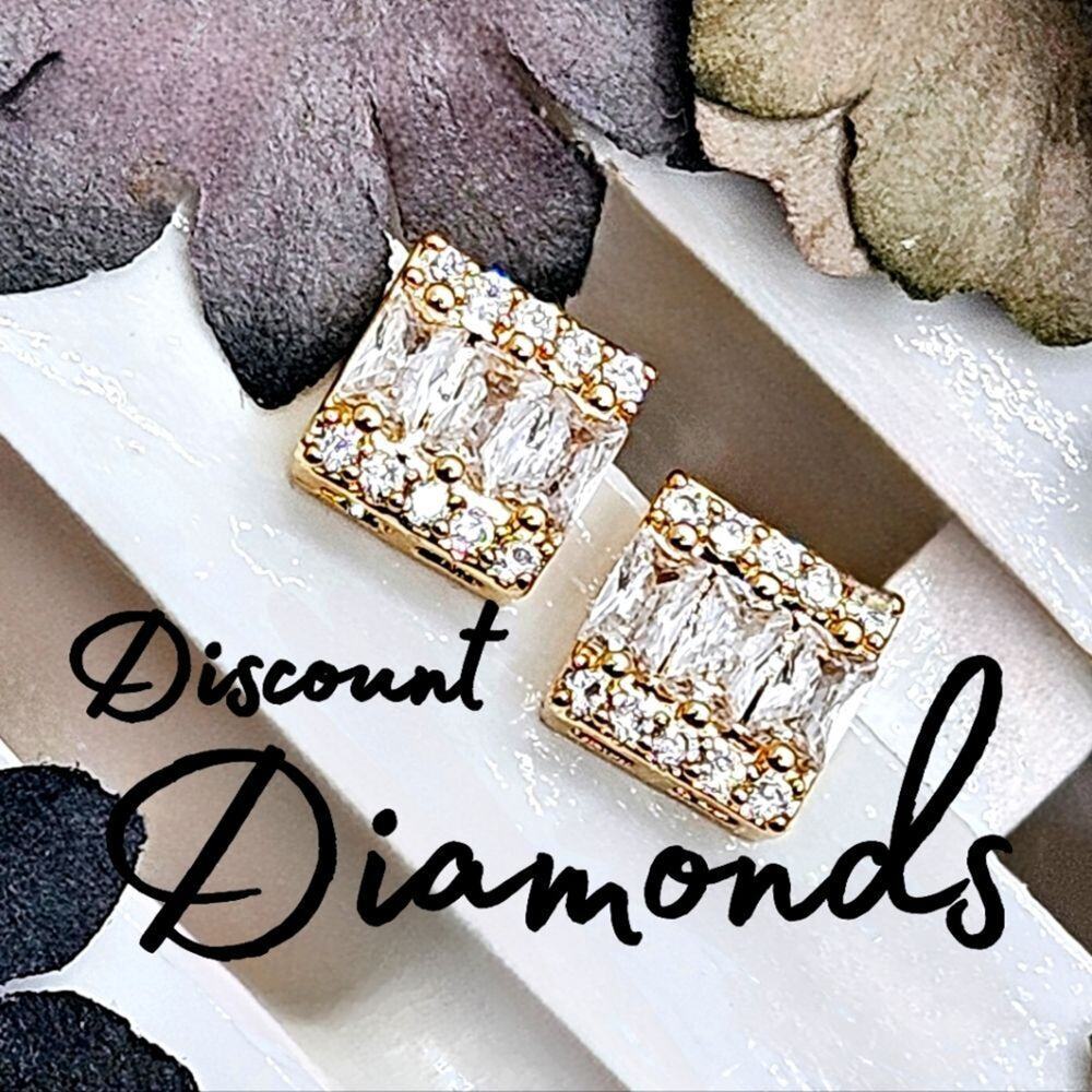 Dainty 18K Yellow Gold Square Baguette Diamond Earrings on 925 Silver